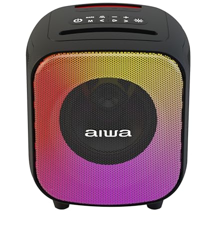 Aiwa Bocina Portátil AW-B81 en Color Negro con 40W RMS, Bluetooth 5.3, función TWS, Luces LED, Radio FM, batería Recargable de 4000 mAh, Puerto USB-C y Sonido Potente con Refuerzo de Graves