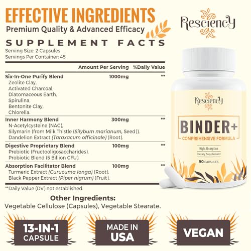 Resciency Detox Binder Supplement - Activated Charcoal, Zeolite, Bentonite Clay, Milk Thistle, Proprietary Blends - Liver & Gut, Max Absorption, 180 Vegan Capsules