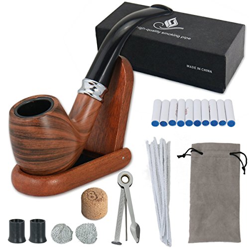Joyoldelf Tobacco Pipe Set - Smoking Pipe with Wooden Stand, 3-in-1 Pipe Scraper, 10 Pipe Cleaners & Pipe Filters, 2 Pipe Bits & Metal Balls, Cork Knocker, Bonus a Pipe Pouch