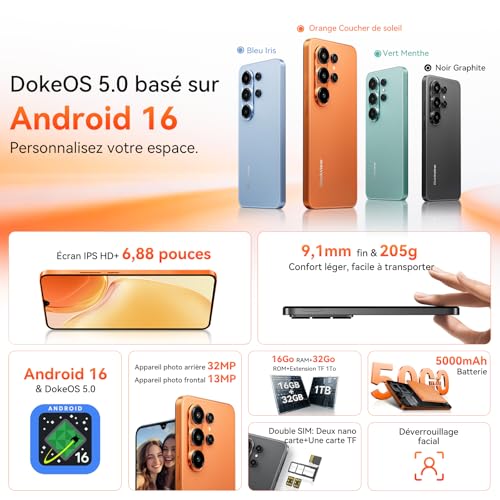 Blackview Wave 10C Smartphone 16GB(4+12)+32GB, Android 16, 6.88" HD+ IPS Display, 5000mAh Battery, 32MP+13MP Camera, WiFi 5 & Bluetooth 5.0, 1TB Expandable Storage - for Daily Use & Multi-Tasking