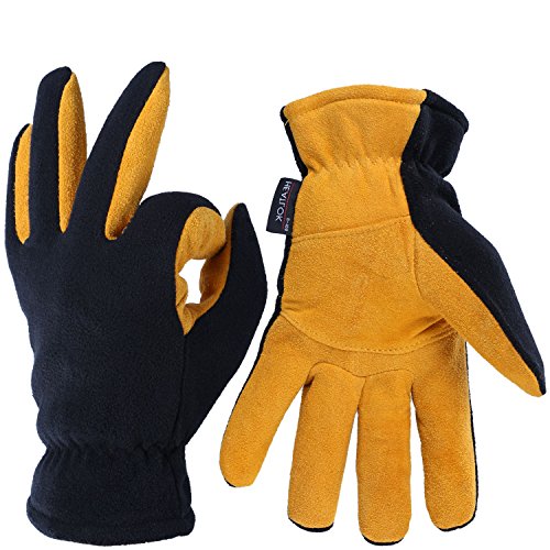 OZERO Deerskin Suede Leather Palm and Polar Fleece Back with Heatlok Insulated Cotton Layer Thermal Gloves, Small - Tan-Black