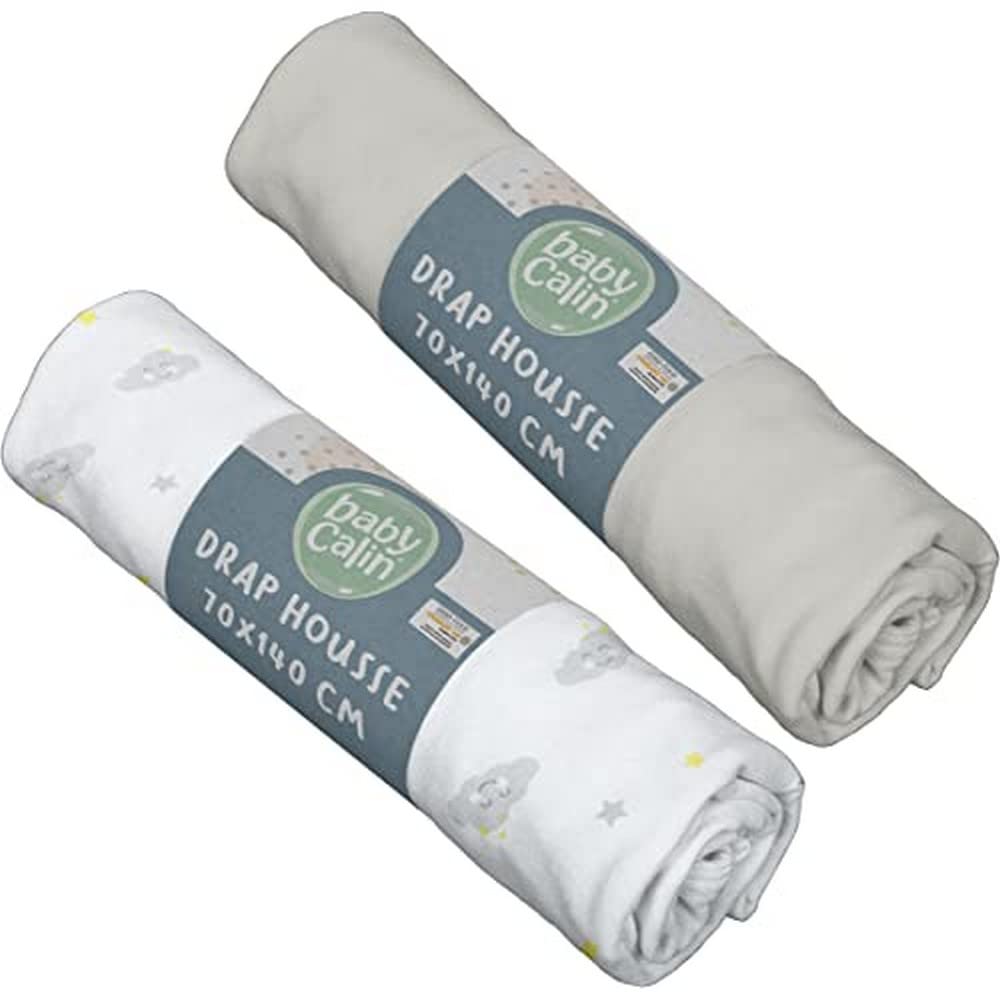 BabyCalin - Set of 2 fitted sheets 70x140x17cm Nuage/uni grey certified OEKO-TEX