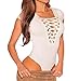 Shawhuwa Womens Sexy Lace Up Cap Sleeves Bodysuit Clubwear Tops M White
