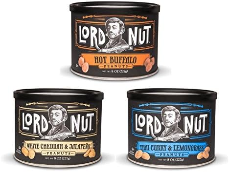 Lord Nut Levington Peanuts 8 Ounce Variety 3-Pack (Hot Buffalo, White Cheddar Jalapeno, Thai Curry Lemongrass)