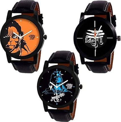 Stylish Black Leather Strap Designer Watch of Lord Shiva Hanuman Combo of 3 Watches for Men & Boys