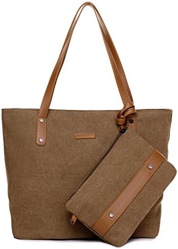 Women Canvas Shoulder Bags Satchel Top Handle Bags Tote Handbag Purse Set (Brown)