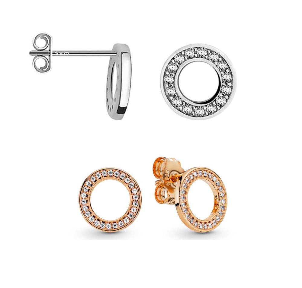 Kaguyo Silver Earrings for Women - 2 Pairs Rose Gold Sterling Silver Zirconia Round open Circle Stud Earrings Sets for Women and Girls - Birthday Gift Jewellery