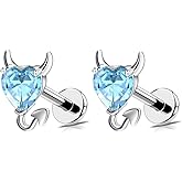 Niaspi 18G G23 Titanium CZ Devil Heart Lip Rings Studs Internally Threaded Cartilage Flat Back Stud Earrings Conch Helix Daith Earrings Studs Medusa Piercing Jewelry for Women 8mm