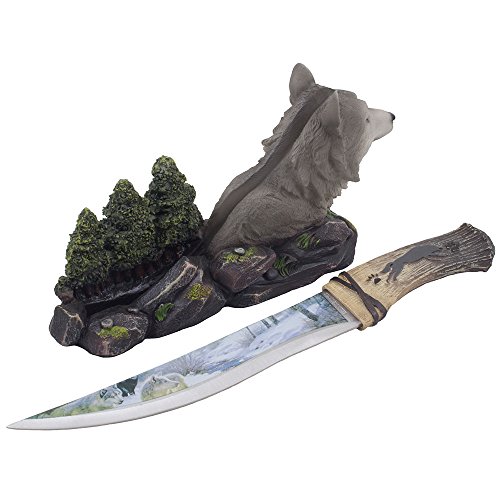 Decorative Gray Wolf Hunting Knife on Display Stand with Stainless Steel Blade for Rustic Cabin & Lodge Decor As Shelf, Mantel or Desk Decorations or Gifts for Hunters and Outdoorsmen