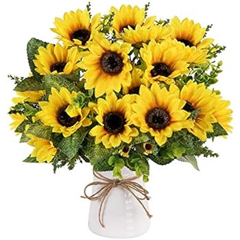 Artificial Sunflower Bouquet, Silk Sunflower Artificial Sunflower with Stems Leaves Artificial Sunflowers Bundles Fake Sunflower for Wedding Bridal Party Garden Home Decor