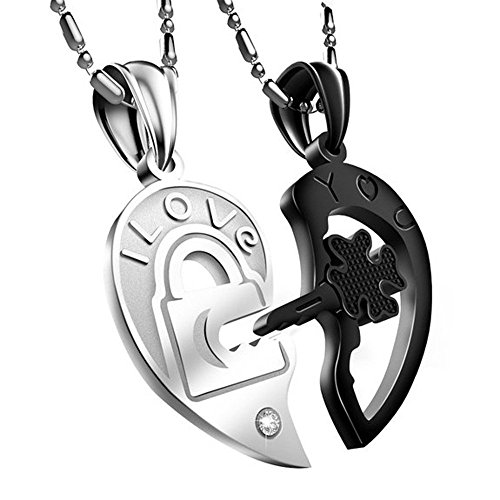 Happy Hours - His and Hers Heart Shape Couples Necklace Engraved I Love You Open Your Heart/Fortunate Four Leaf Clover Key and Stainless Steel Lock Pendant Couples Necklace with Black Bag(Black)