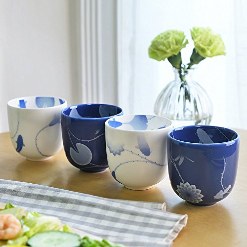 ZENS lifestyle Cups for Tea Coffee Set of 4 Bone China 10 Inch Dinnerware Set 8 OZ 230ML 2 White and 2 Blue Flower and Fish Gradient Pattern