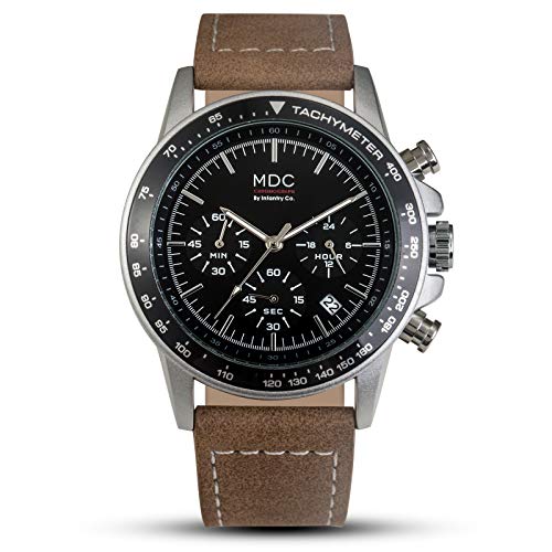 MDC Mens Brown Leather Watch Luxury Black Chronograph Wrist Watches for Men Stainless Steel Business with Calendar Date