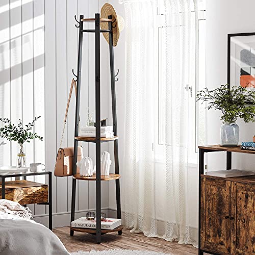 VASAGLE Coat Rack, Coat Stand with 6 Hooks, 3 Round Shelves, Steel