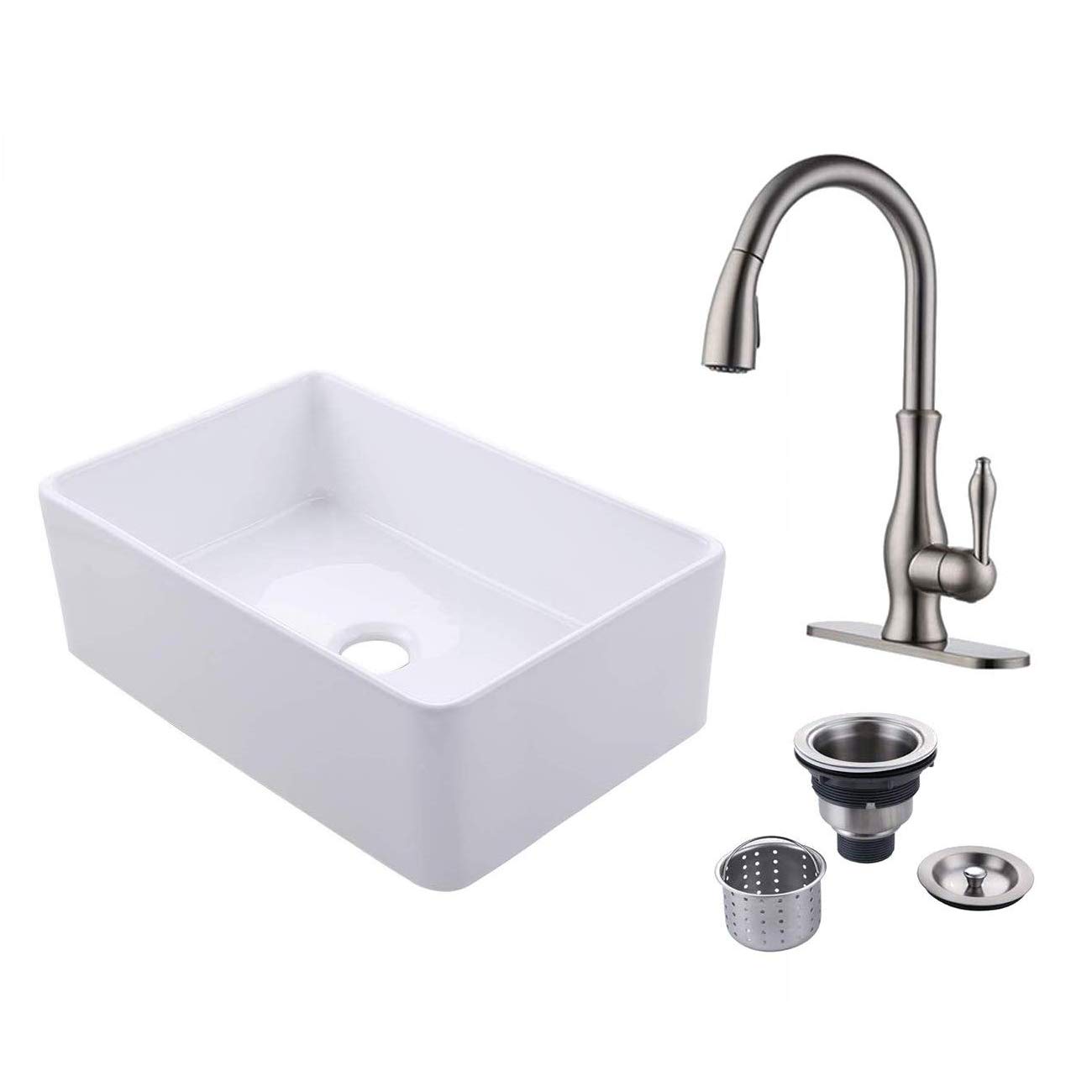 Buy KES 30 Inch Farmhouse Sink with Pullout Faucet and Drain Strainer