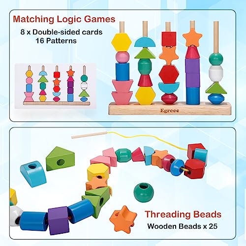 Egrooc Montessori Bead Sequencing Toy Set，Lacing Beads and Wooden