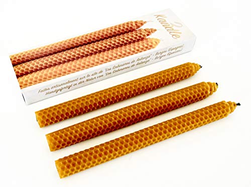 Honigkerzen für Rituale, handgefertigt in Spanien aus natürlichem Bienenwachs aus unseren eigenen Bienenstöcken. (3 Kerzen à 22 x 2 cm), Gelb Creme