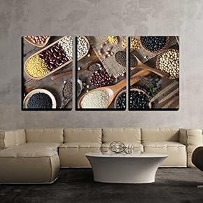3 Piece Canvas Wall Art - Top View of Variouse Leguminious with Cookware - Modern Home Art Stretched and Framed Ready to Hang - 16"x24"x3 Panels