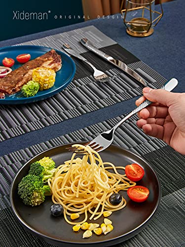 Xideman 24-piece hammered table cutlery with serrated knife 2 in 1 ultra sharp, 18/10 stainless steel cutlery set for 6 people, cutlery set knives, forks, spoons.