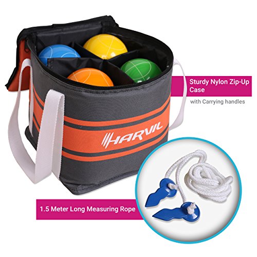 Harvil 90mm Bocce Ball Set. Includes 8 Poly-Resin Balls, 1 Pallino, 1 Nylon Zip-Up Carrying Case and Measuring Rope