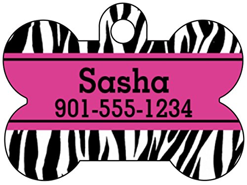 Animal Print Dog Tag Pet Id Tag Personalized w/ Name & Number Zebra Print Dog Bone (Black & Pink)