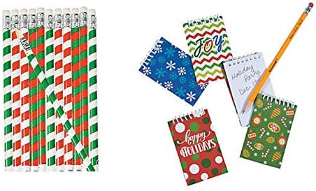 1 Dozen (12) Striped Candy Cane Christmas Pencils & 1 Dozen Mini Holiday Notebooks - Favors/Classroom TEACHER Prizes STOCKING Stuffers