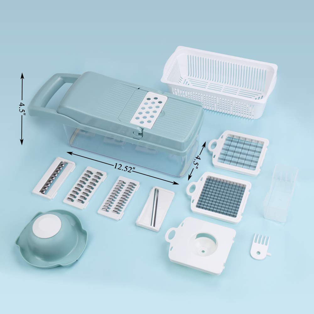 Vegetable Chopper,Fruits Cutter,12-in-1 Vegetable Cutter Mandoline Slicer Food Chopper/Cutter with 7 Stainless Steel Blades, Adjustable Slicer & Dicer with Storage Container and Non-Skid Base