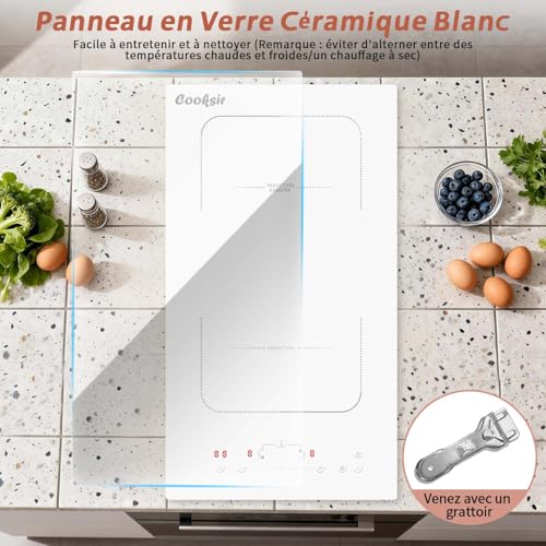 Cooksir White Induction Hob with 2 Burns, Built-in Induction Hob 30 cm with Plug, Flexible Zone, 3500 W, Touch Slider, Safety Lock, 230 V, 16 A