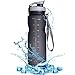 Sports Water Bottle with Filter & Strap, SOKLIT Portable BPA Free Drinking Cup 36oz/1000ml, Flip Top Leak Proof - 0.51lb Plastic Bottles for Gym Outdoor Hiking Camping Height 11'' Diameter 2.95'' Gray