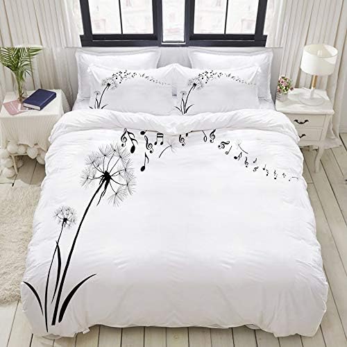 VAMIX Duvet Cover Set, Flying Dandelions with Note Music Summer Meadow Silhouette Softness Simple, Decorative 3 Piece Bedding Set with 2 Pillow Shams, King Size