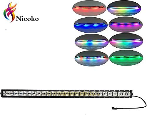 Nicoko 42 Inch 240w Straight LED Light Bar with Chasing RGB halo ring for 10 Solid Color Changing with Strobe Flashing Spot Flood Combo Beam IP67 waterproof Remote Control Wiring Harness Kit