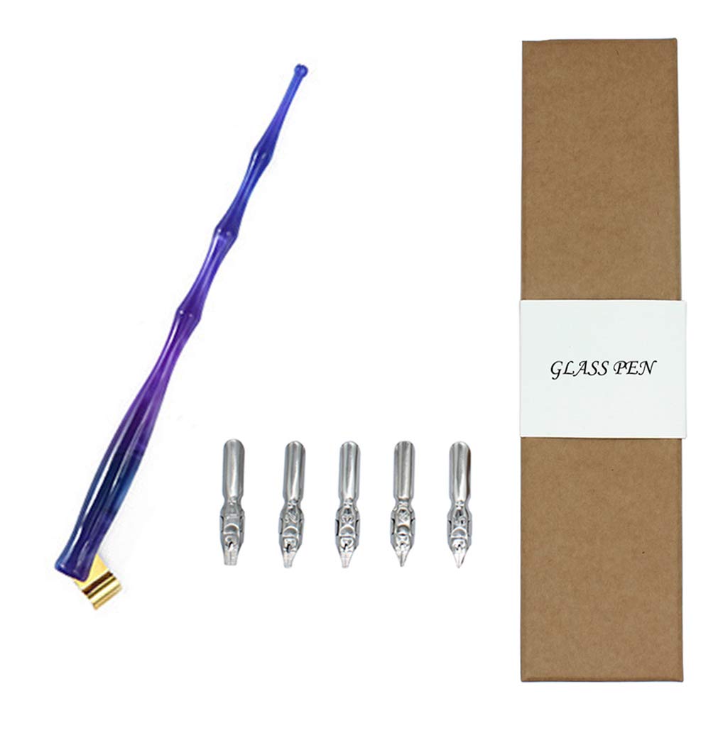 Hillento Resin Calligraphy Nib Pen Point Holder, Oblique English Calligraphy Pen Nib Holder with 5 Flat Nibs, Purple and Blue