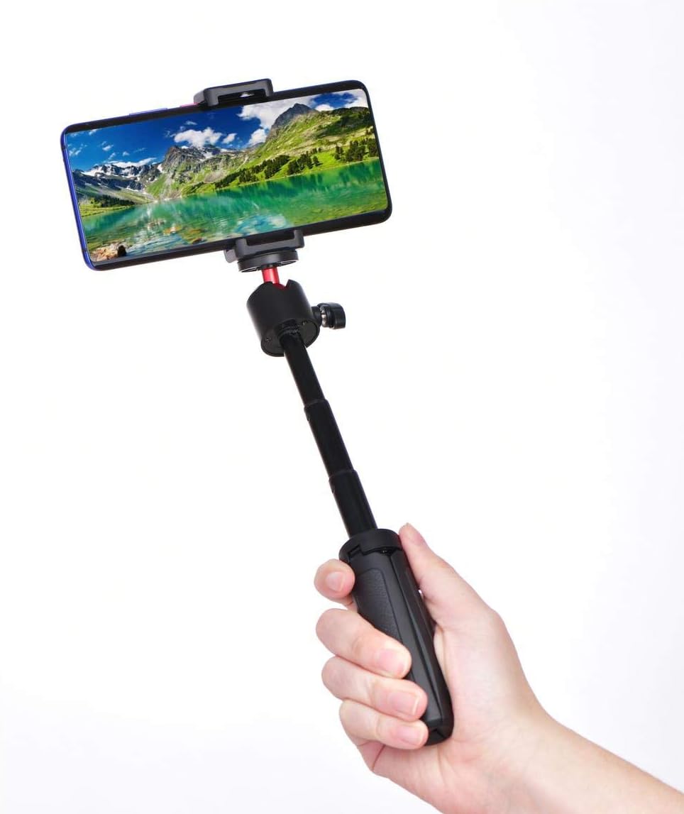 FIZZ OpticX Mini Tripod Table Top Stand with Phone Mount, Extendable Selfie Stick Stand with Handle, for Gopro Hero Osmo Action Insta 360 Action Camera, iPhone Samsung Sony Canon : Camera & Photo