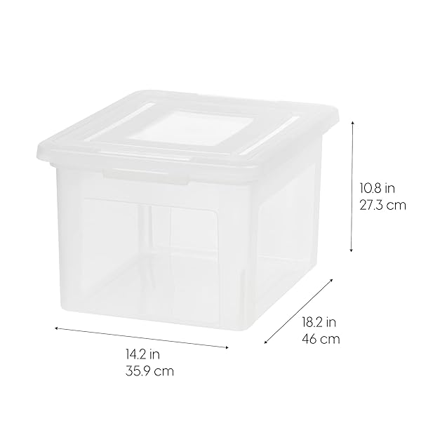 IRIS USA FILE BOX, PLASTIC FILE ORGANIZER WITH LIDS FOR LETTER/LEGAL FILE, PORTABLE DOCUMENT BOX FOR MOVING, STORAGE BIN WITH DURABLE AND SECURE LID, STACKABLE NESTABLE BPA-FREE, CLEAR 35 QT. 4 PACK