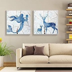 Framed Canvas Wall Art for Living Room, Bedroom Wood Panels Deer and Mermaid Illustration Canvas Prints for Home Decoration Ready to Hang - 16"x16"x2 Panels