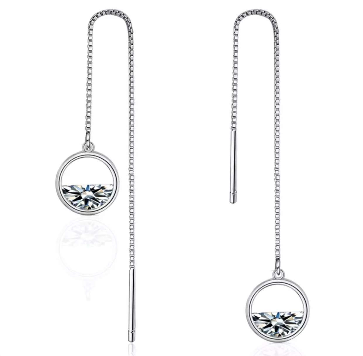 Iszie 925 Sterling Silver Half Cubic Zirconia Crystal Circle Threader Dangle Pull Through Circle Women's Earrings