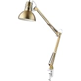 Globe Electric 62000010 32" Multi-Joint Desk Lamp with Metal Clamp, Matte Brass, White Accents, On/Off Rotary Switch on Shade, Partially Adjustable Swing Arm, Home D&eacute;cor, Office Accessory