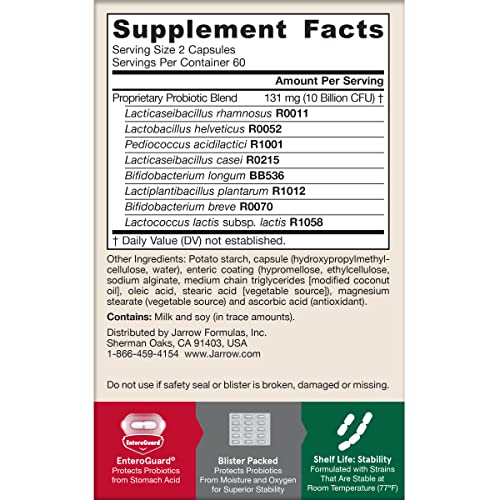 JARROW FORMULAS JARRO DOPHILUS PROBIOTICS 10 BILLION CFU – PROBIOTIC SUPPLEMENT CAPSULES FOR DIGESTIVE HEALTH & GUT HEALTH FOR WOMEN AND MEN, 120 VEGGIE CAPSULES, UP TO 60 DAYS, SHELF STABLE