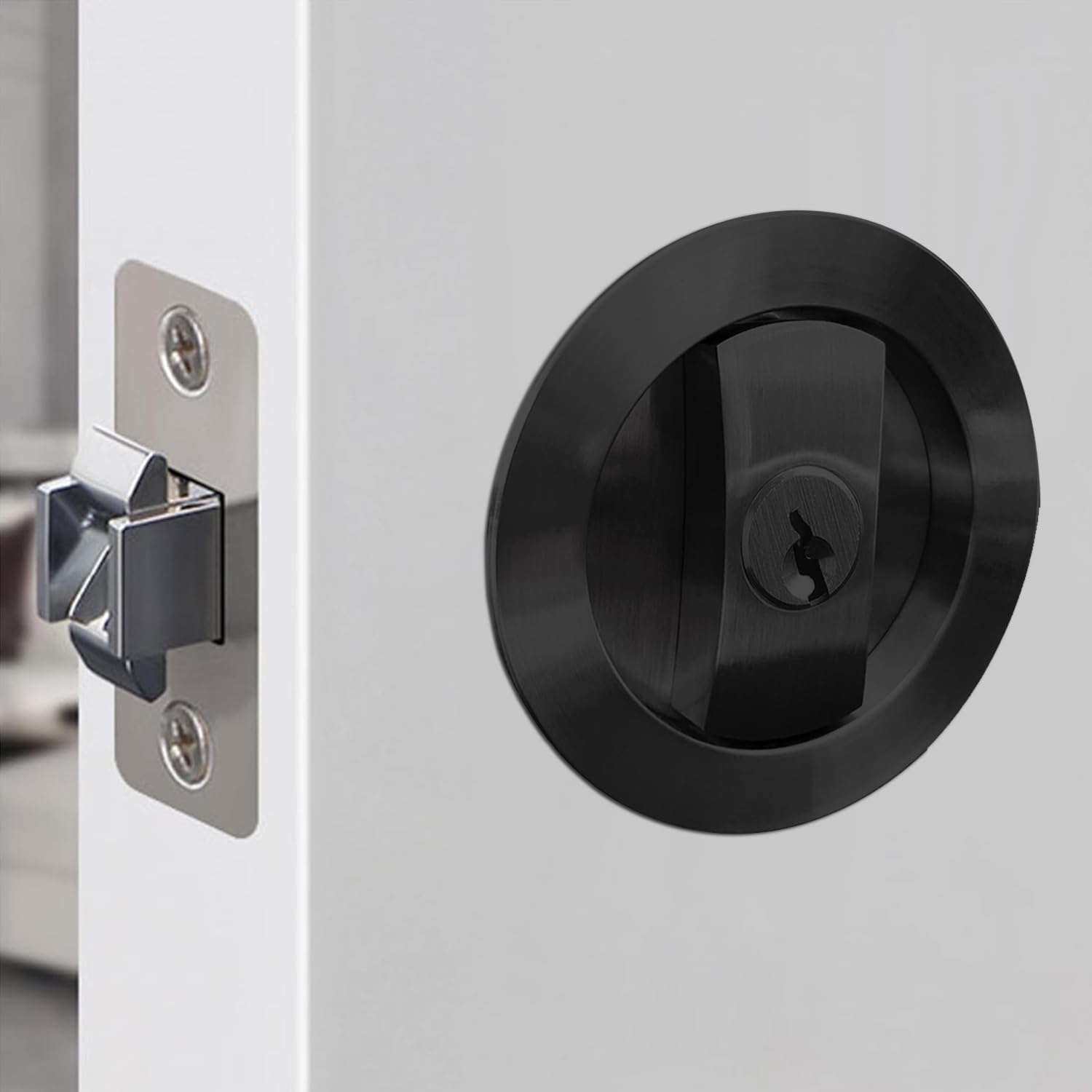 SANGRENSHEN Sliding Door Lock Pocket Door Flush Handles Latch Privacy Bed/Bath Latch for 3cm to 5cm Thickness Door 3 Keys Black