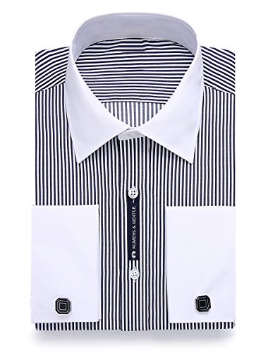 Alimens & Gentle Contrast Collar Stripe French Cuff Slim Fit Dress Shirts(Color: Stripe Black, Size:15.5