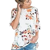 Pengy Clearance Womens Floral Printing Short Sleeve Tops Blouse T Shirt (XXL, White)