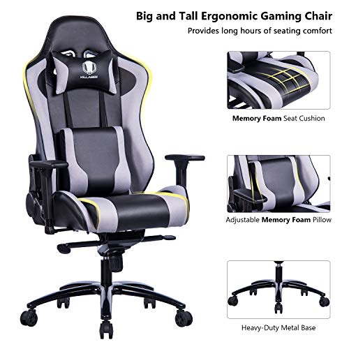 KILLABEE Big and Tall Metal Base Gaming Chair - Ergonomic Fabric&Leather Racing Computer Chair High-Back Office Desk Chair with Adjustable Memory Foam Lumbar Support and Headrest, Silver&Black