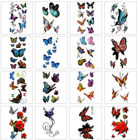 16 Sheets 3D Colorful Temporary Tattoo Stickers with Butterfly Flower Design and Premium Waterproof, Non-Toxic Body Painted Tattoo Stickers Art Decal Removable.