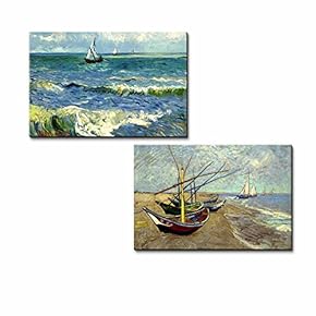 Seascape at Saintes- Mareies & Fishing Boats on The Beach at Les Saintes-Maries-De-La-Mer Canvas Prints Wall Art - 16"x24" x 2 Panels