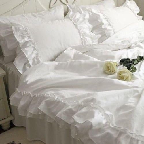Swanlake Shabby and Vintage White Double Falbala Ruffle Cotton Duvet Cover Bedding Set 1121 (Queen)