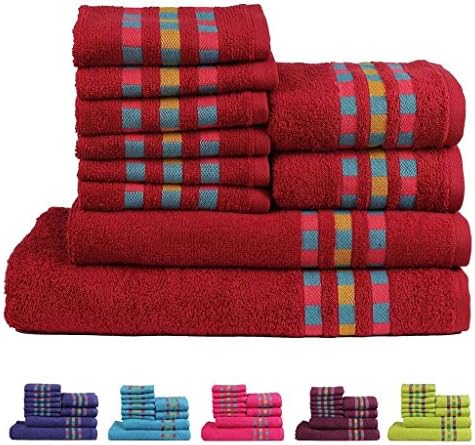 Trident Magic West Combed Cotton 10-Pieces (Bath, Hand &amp; Wash Cloth) Towel Set, Maroon
