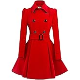 ForeMode Women Swing Double Breasted Wool Pea Coat with Belt Buckle Spring Mid-Long Long Sleeve Lapel Dresses Outwear