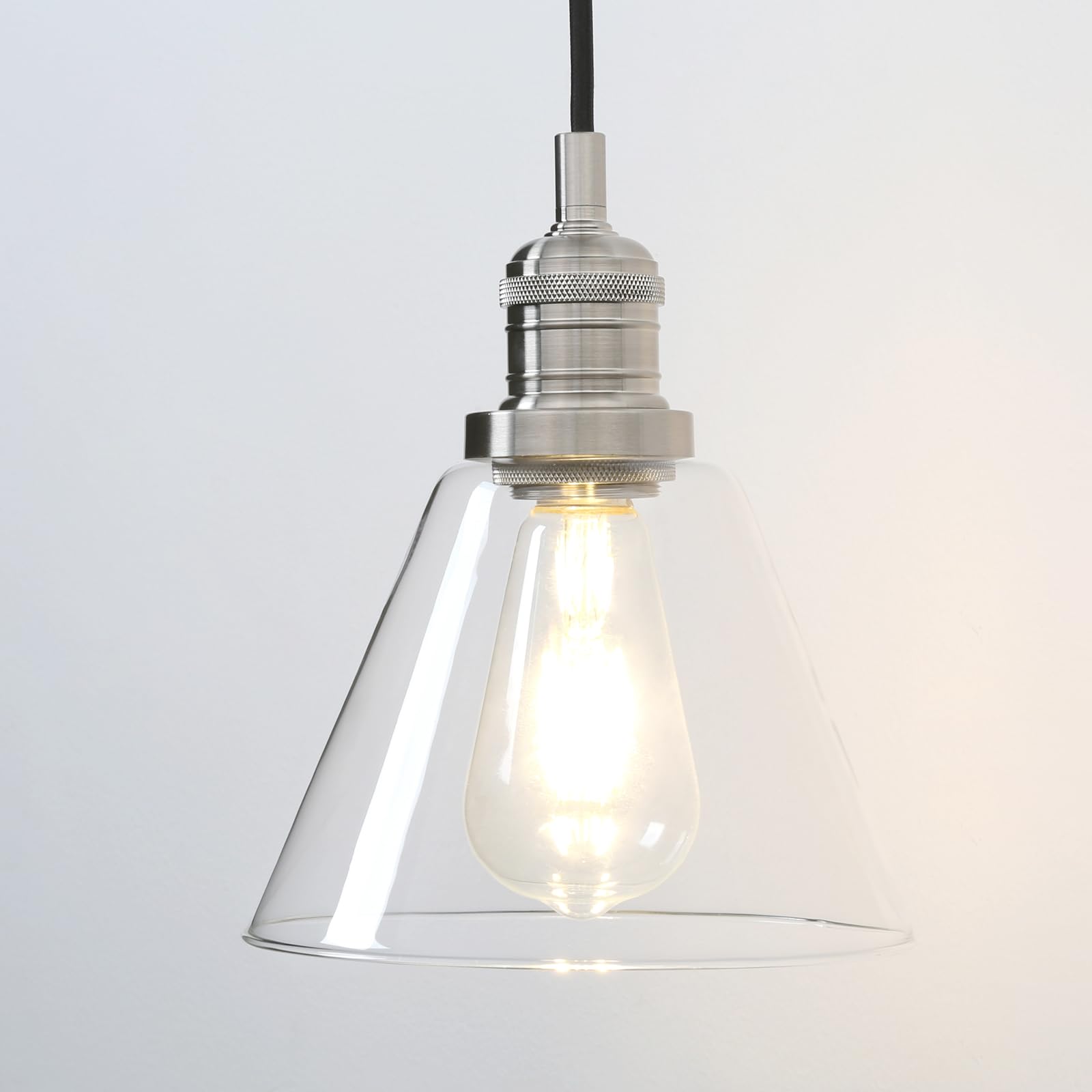 Phansthy Industrial Vintage Pendant Light Funnel Clear Glass Lamp Shade Hanging Light Decorative Lighting Retro Ceiling Light for Living Room Hallway Kitchen Dining Room E27 (Brushed)