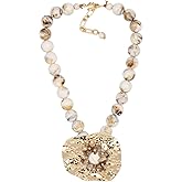 Gold Color Metal Pendant Necklace for Women Stone Simulated Pearl Wood Bead Bold Chunky Statement Fashion Ethnic Jewelry