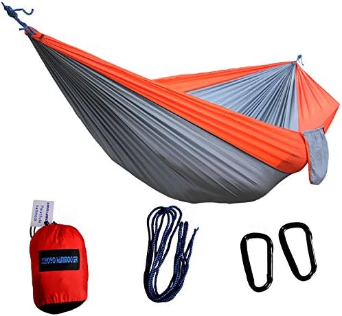 Single Parachute Hammocks By Xiyoyo - 441lb Capacity 108x55inch Ultralight Portable Multifunctional Nylon Camping Hammocks with Strapes, Climbing Buckles and Package Bag (Orange/Grey)
